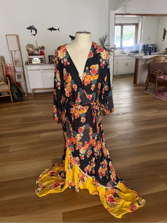 FARM Rio Dresses & Skirts - Farm Rio Black Floral Wrap Dress with Yellow Hem